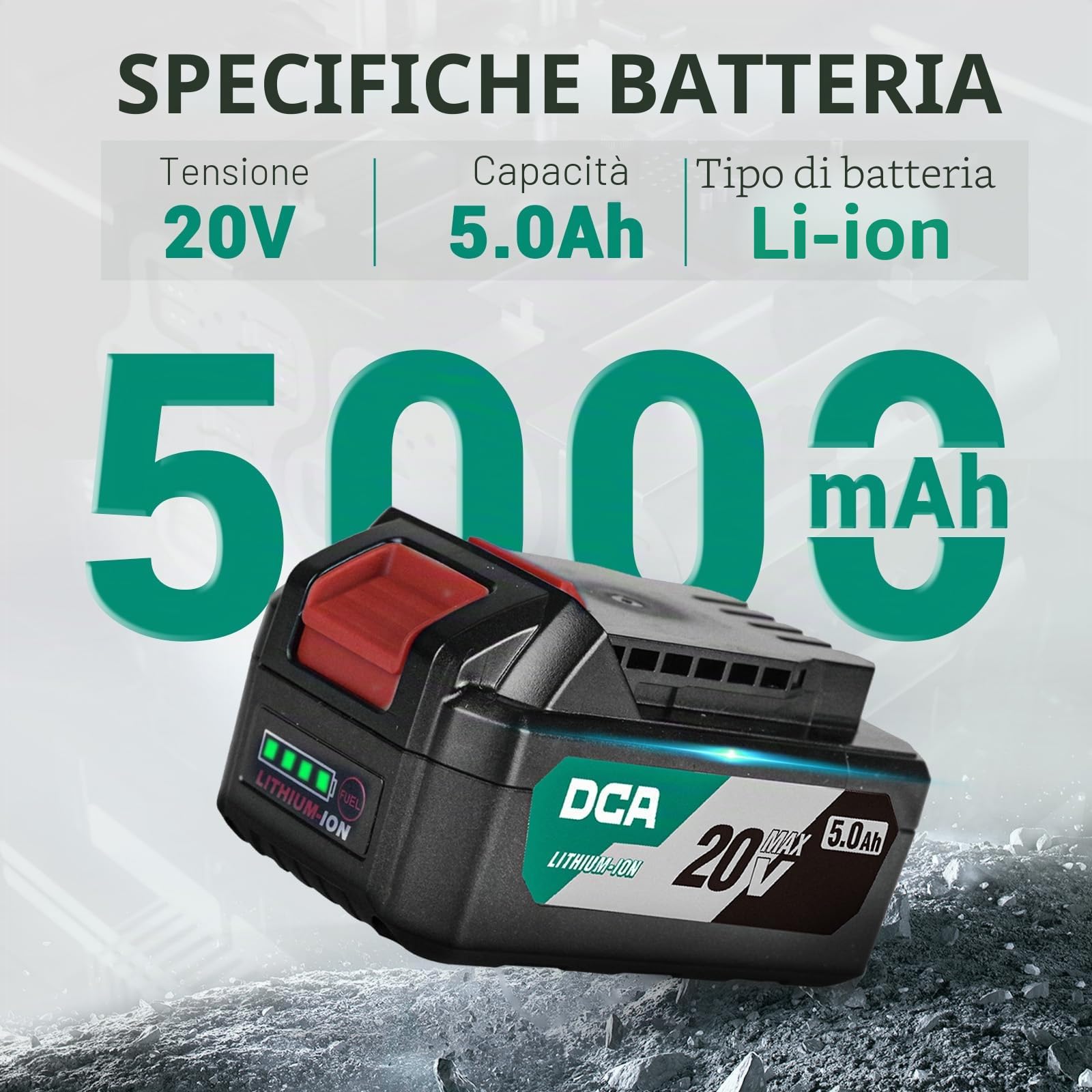 DCA 20V MAX Batteria agli Ioni di Litio, 5.0Ah Pacco di Batterie ad Alta Capacità, Compatta Batteria per Utensili da 20V, 0.64kg (FFBL2050)