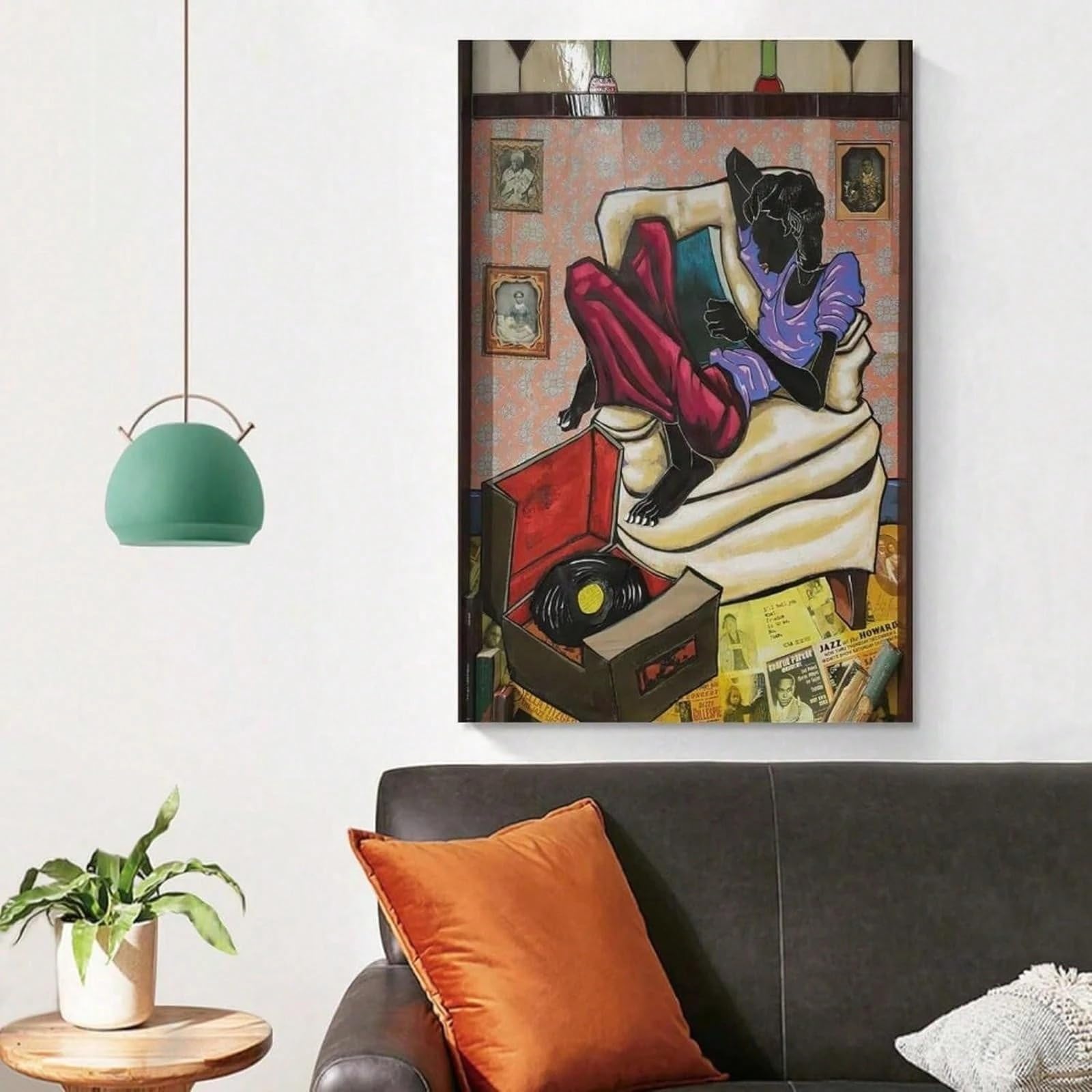 AIHNBF Jazz Murale da parete donna nera ascolta musica Soulvolle africana americana decorazione retrò giradischi stampa su tela per soggiorno sala musica arte unica 40 x 60 cm