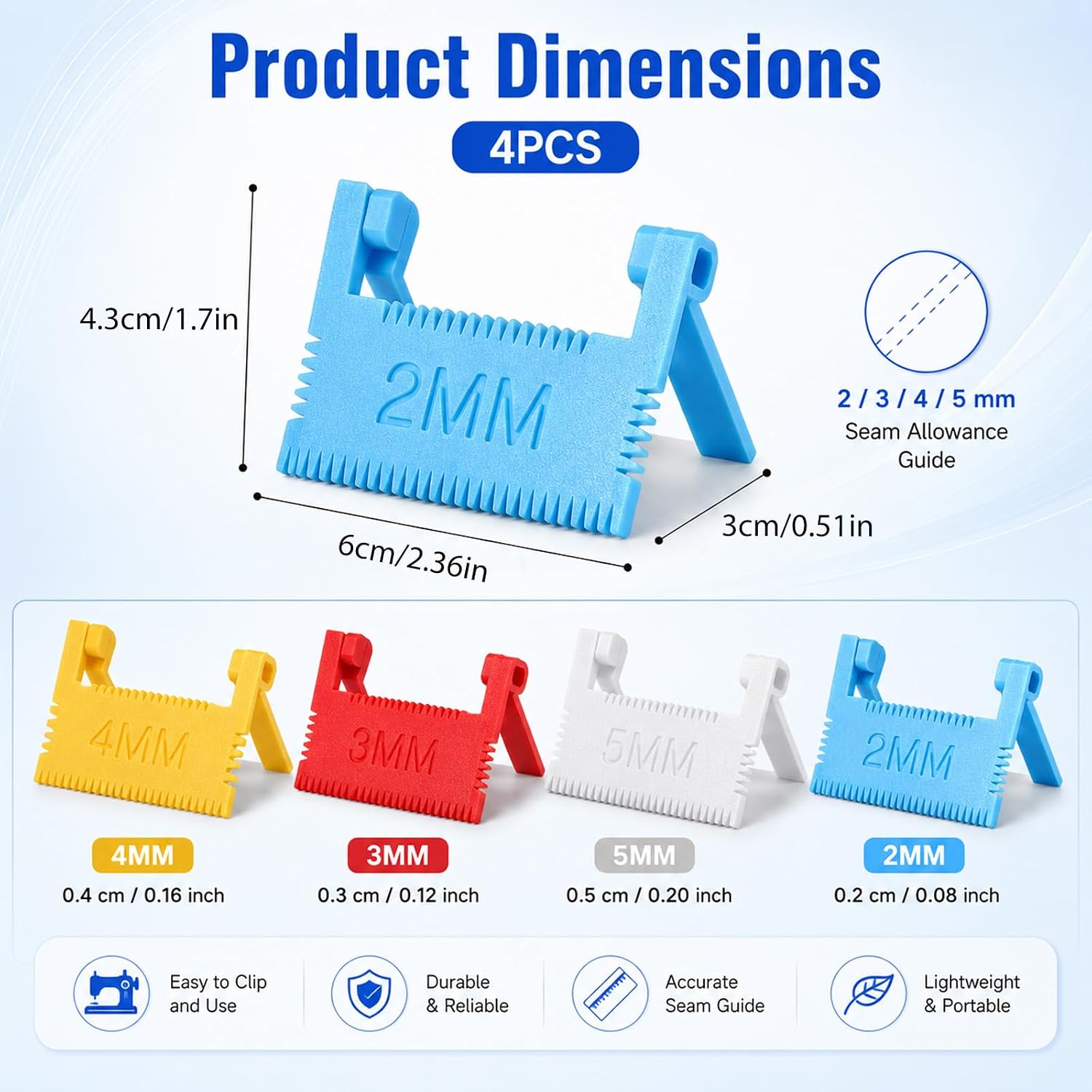 4Pcs Edge Stitch Lock Sewing Gauge Ruler Set Hand Edge Stitch Lock and Sewing Guide for Even Straight Stitching Clip-On Sewing Ruler Quilting Templates with 2mm,3mm,4mm,5mm Spacing