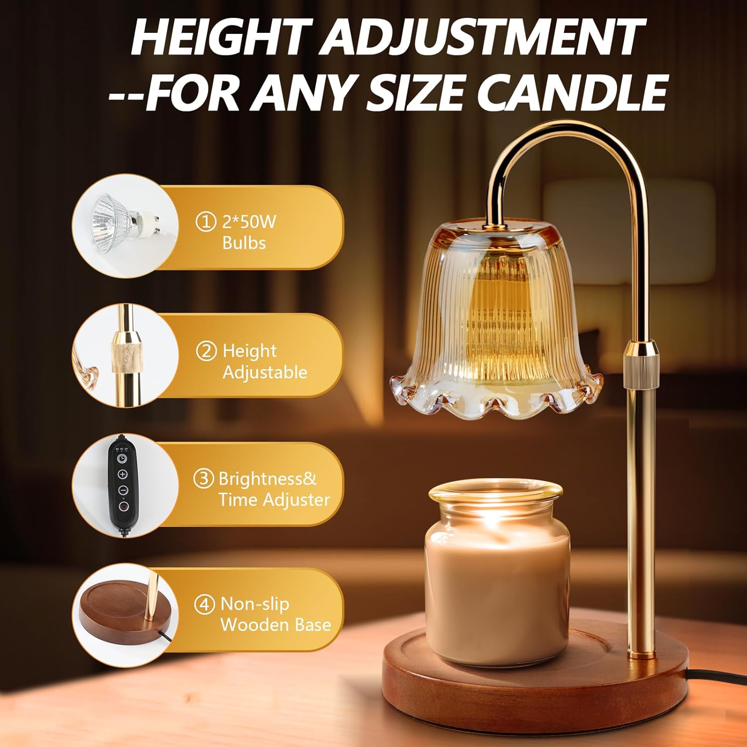 YudouTech Candle Warmer Lamp, Adjustable Height Electric Candle Warmer Light with Timer and Dimmer Vintage Wax Melter for Jar Candles Home Decor Gifts