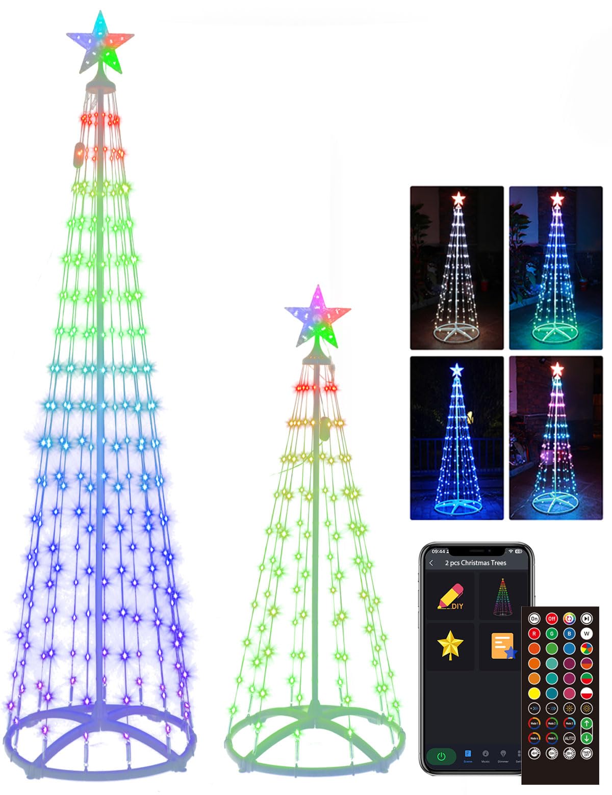 2 Pack Smart Christmas Cone Tree LED Lights, DIY Lightshow RGBW LED Outdoor Christmas Trees for Yard, Lighted Cone Christmas Trees with Music Sync Timer, APP and Group Control Outdoor Xmas Decorations