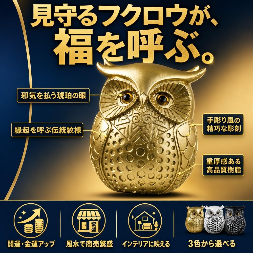 輸入雑貨　開運　金運　『ふくろうの不苦労な三姉妹』　金色　ゴールドコーティング Amazon.co.jp: Hyack フクロウ 置物 開運 ふくろう 風水 縁起物