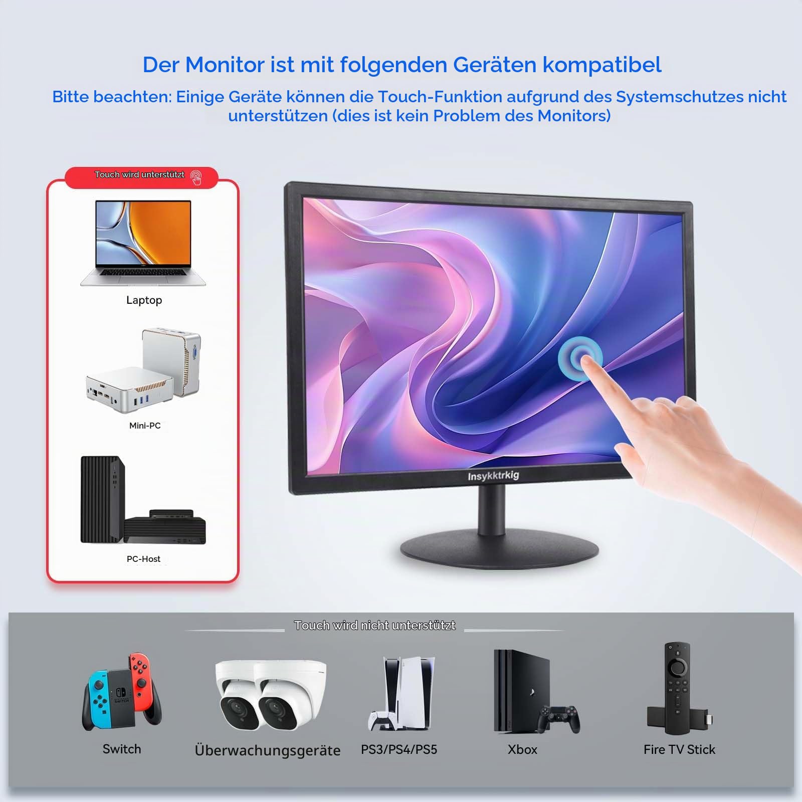 Touchscreen Monitor 19 Zoll FHD 1440x900 Multi-Touch Bildschirm Display 60Hz,VESA,Tilt Adjust,HDMI VGA Type-A Touch Anschluss mit LautsprecherKompatibel mit Laptop/Ras Pi/Windows/Computer