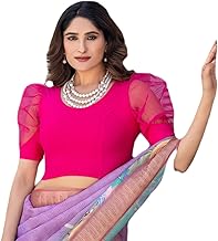 Amazon Brand - Anarva Round Neck Lycra Stretchable Puffed Elbow Sleeve Readymade Saree Blouse for Women Stylish