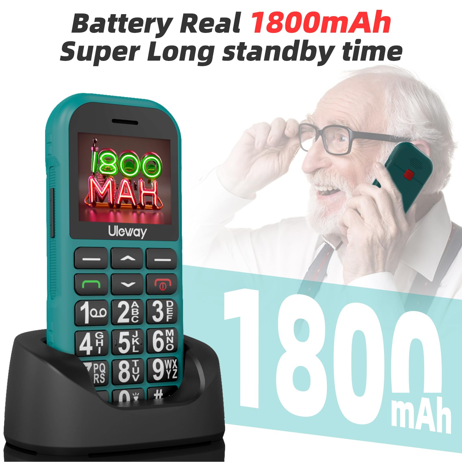 4G Telefono Cellulare per Anziani con USB Tipo C Ricarica Rapida|1800mAh Batteria, Tasti Grandi,Volume Alto,Funzione SOS,Base di Ricarica, Chiamata Rapida,Torcia, Sveglia, Facile da Usare.Verde