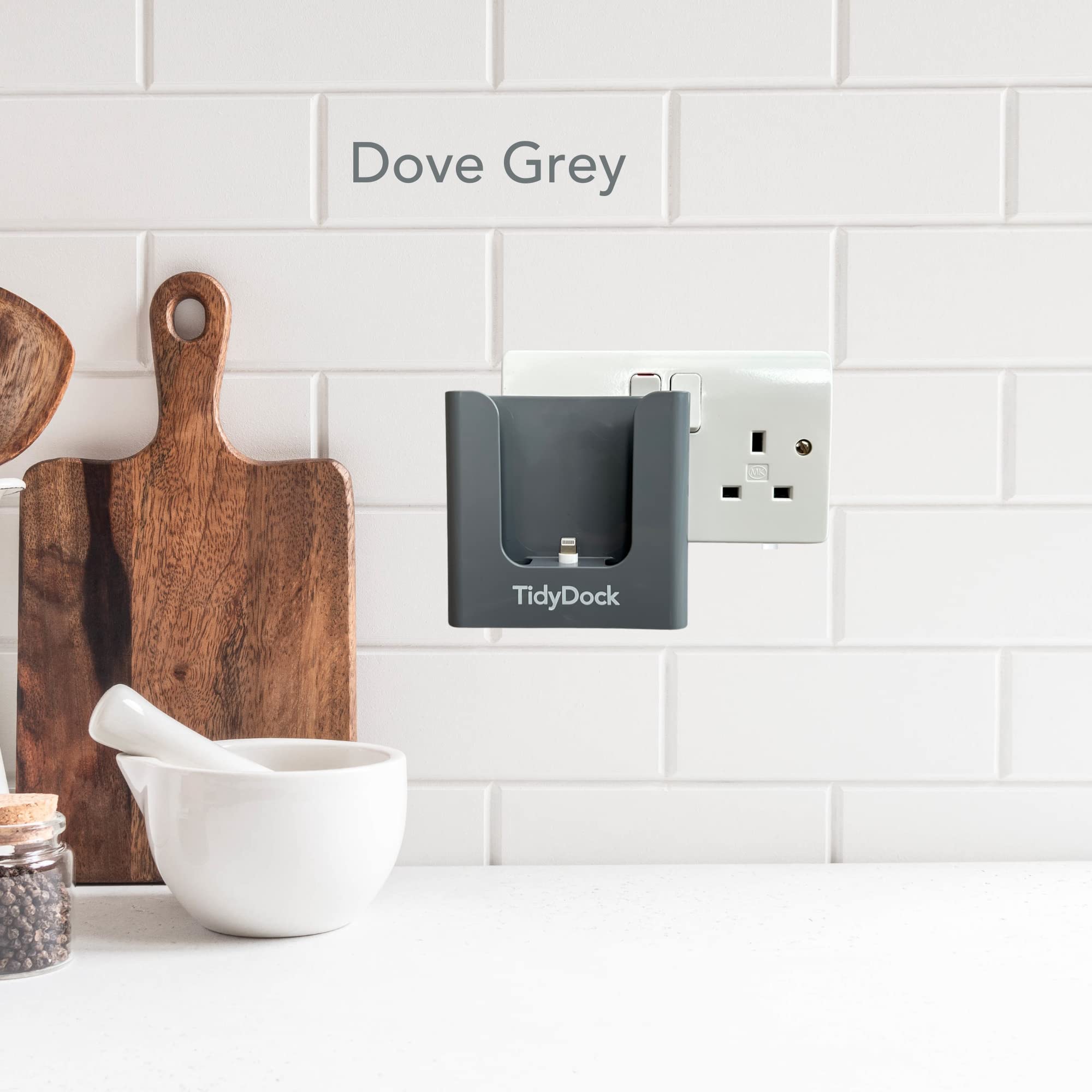 TidyDock, Super Neat Plug Mounted Docking station, charging station, for Airpods and iPhone (all models) - Dove grey