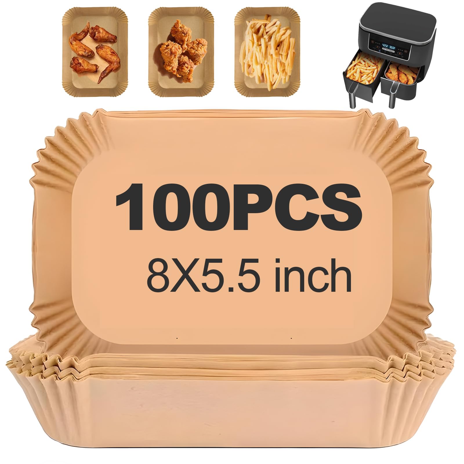 100PCS Air Fryer Liners Disposable Paper Liners for Ninja Dual Air Fryer Parchment Paper Rectangular for Microwave Oven 8 x 5.5inch