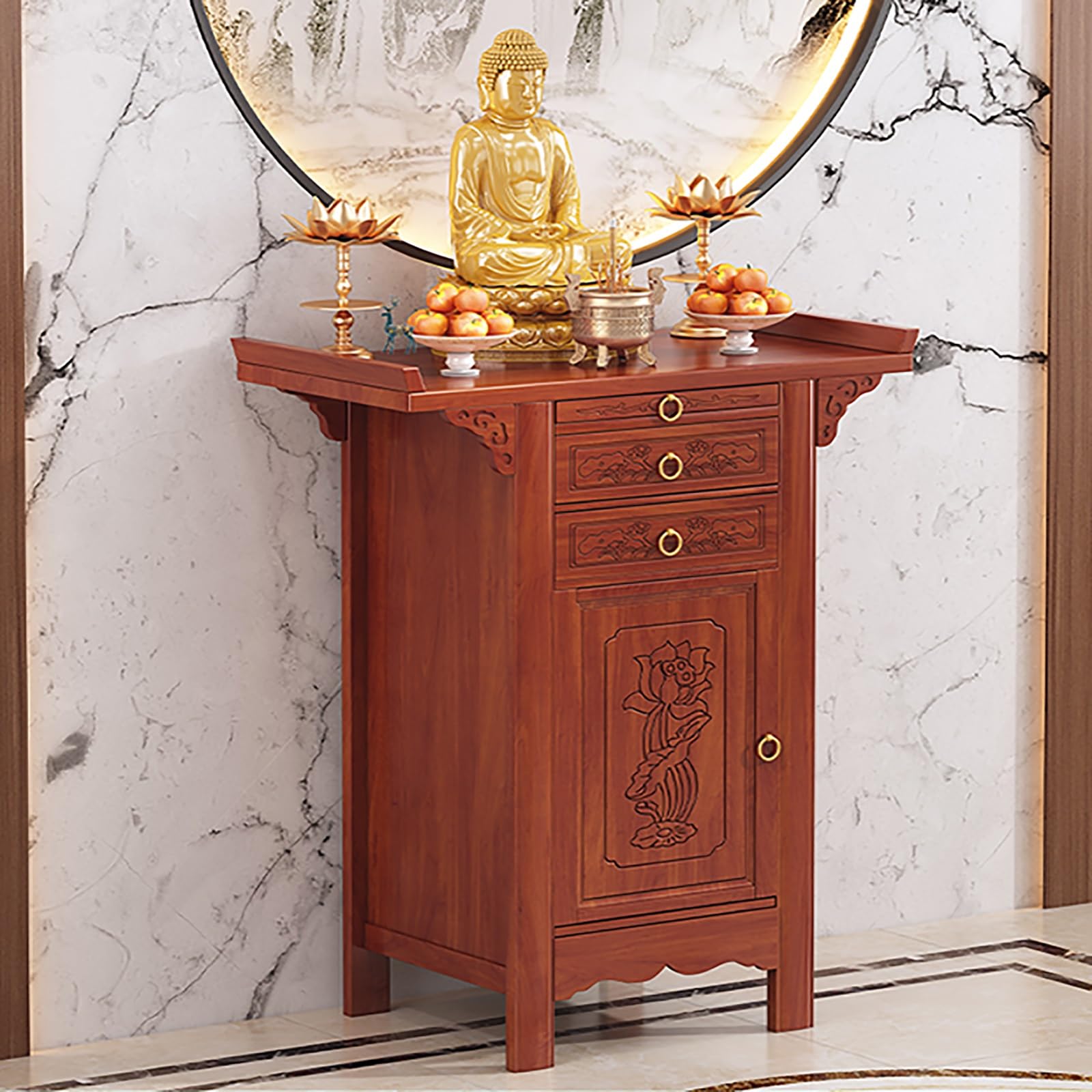 JNTFNE Bamboo Meditation Altar Table with Storage, Chinese Pooja Cabinet, Offering Drawer, Buddhist Shrine for Living Room, Small Spaces(68cm/26.8in)