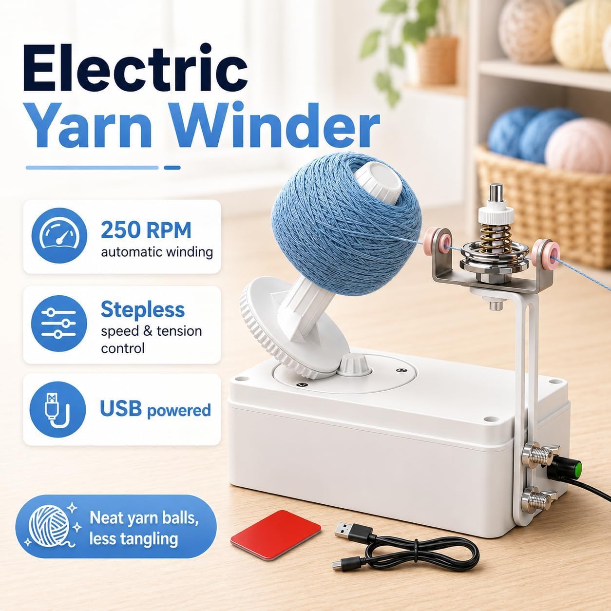Acivirdde Enrouleur de pelotes USB 250 tr/min tricot et crochet, outil de loisirs créatifs compact