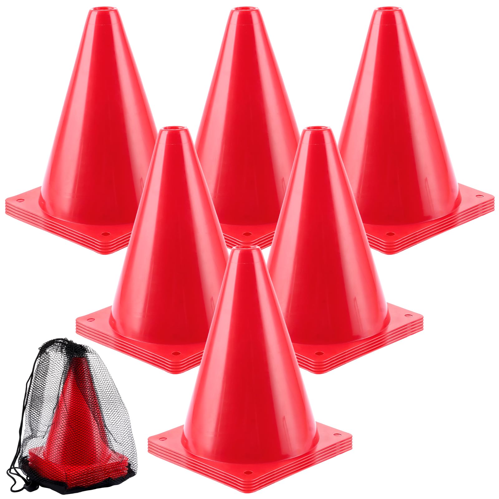 AKOLAFE 30 Pièces Plots Sport Rouges 17 x 13 cm avec Sac Filet, Cônes de Marquage pour Entraînement Football, Agilité, Jeux, Intérieur, Extérieur et Club