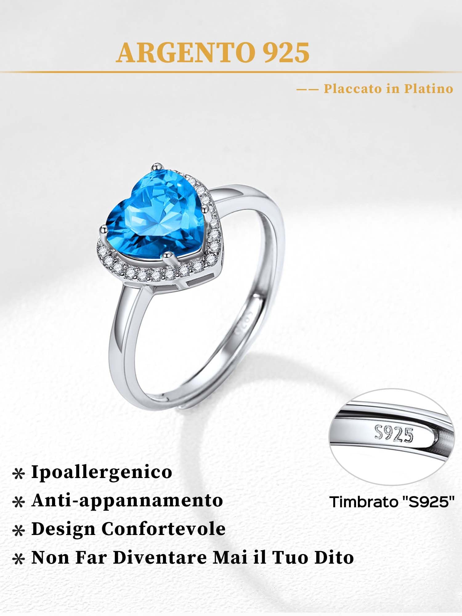 ChicSilver Anello Donna Argento 925 Regolabile Pietra Portafortuna 12 Mesi Forma Cuore, Anelli Donna Cuore Regolabile Silver Donna Confezione Regalo