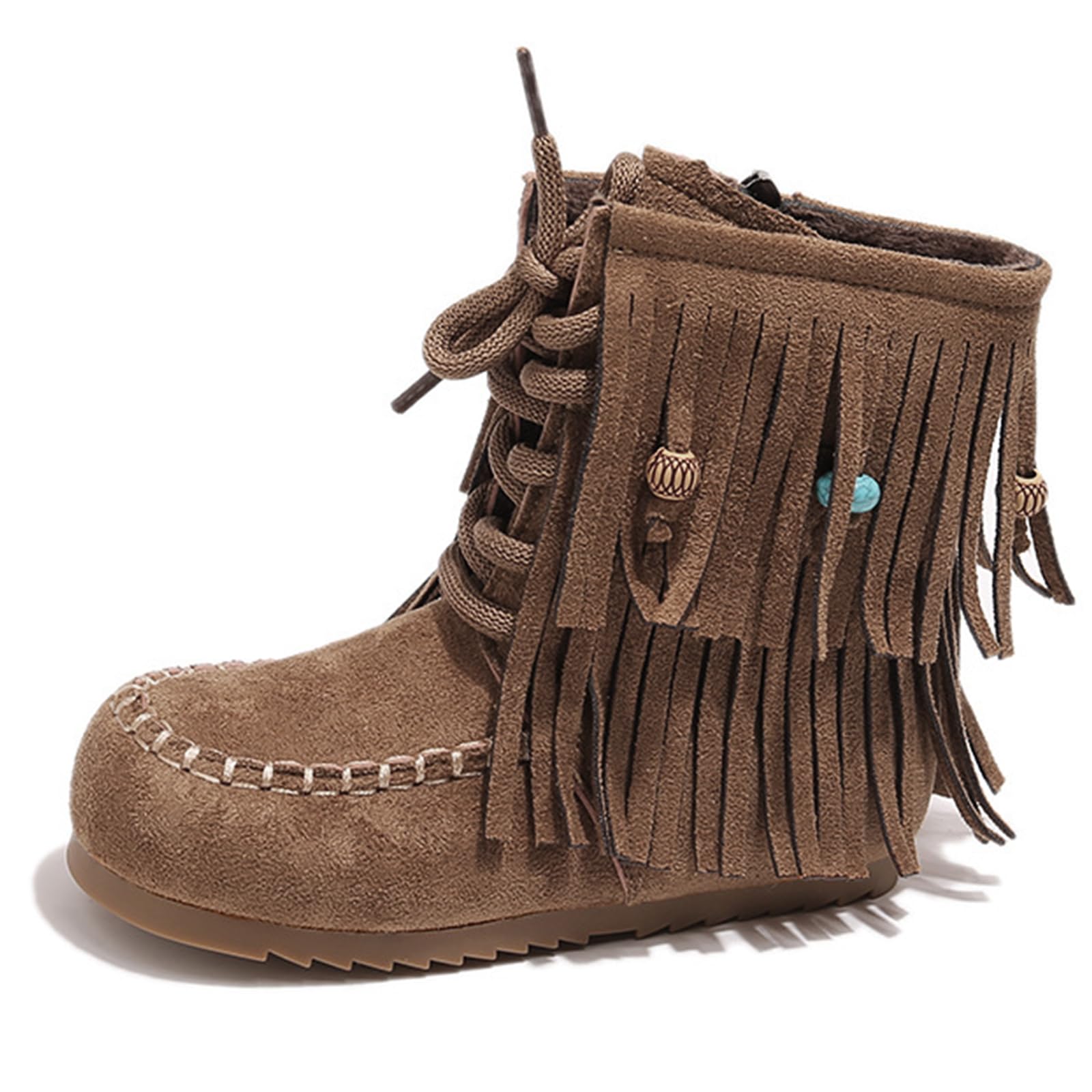 Girls Cowboy Tassel Ankle Boots Fashion Moccasins Comfy Side Zipper Round Toe Lace Up Non Slip Soft Sole