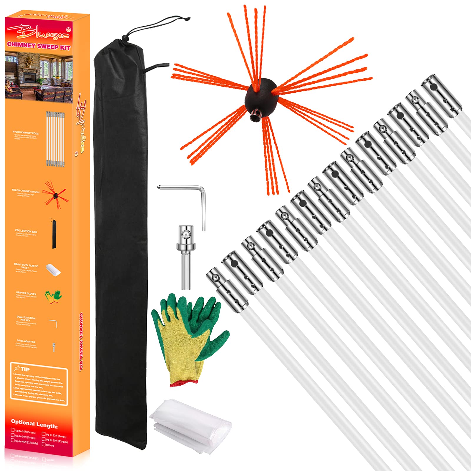 Bluesea 46ft Chimney Sweep Kit, Chrome Button Locking System, Chimney Cleaning Kit, Extends Up to 46 Feet, Chimney Cleaning Tools, Chimney Cleaning System with Chimney Brush, 14 Flexible Chimney Rods