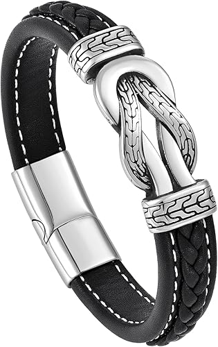 Pulsera de cuero con nudo infinito para hombre, acero inoxidable, negromarrón, cuero genuino, trenzada, pulsera de joyería para hombres, padre,