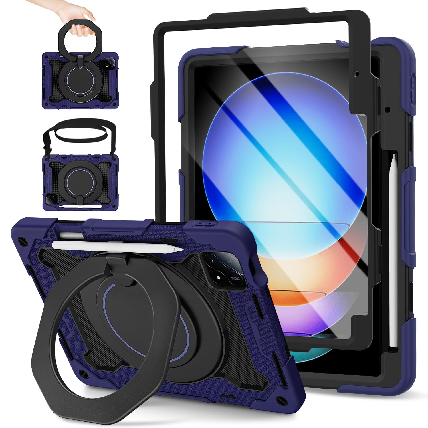 ROISKIN Hülle für Xiaomi Pad 6s Pro 12,4 Zoll 2024 mit Displayschutz & Schultergurt & Stifthalter,Heavy Duty Stoßfeste Xiaomi Pad 6S Pro Hülle,360 Drehbarer Ständer für Kinder,Marineblau