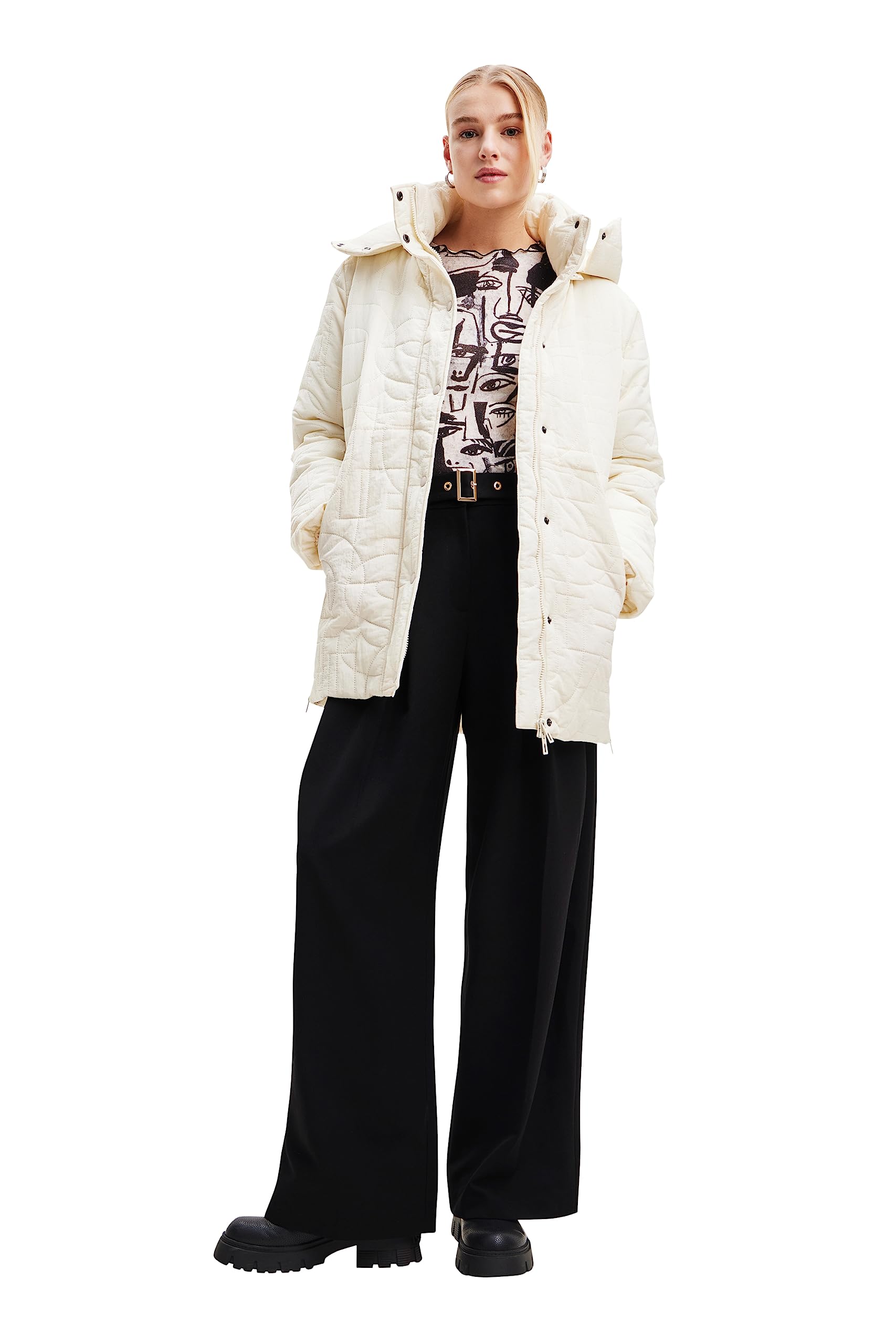 Desigual Women's Tulip Woman Woven Padded Long Overcoat, White, XL