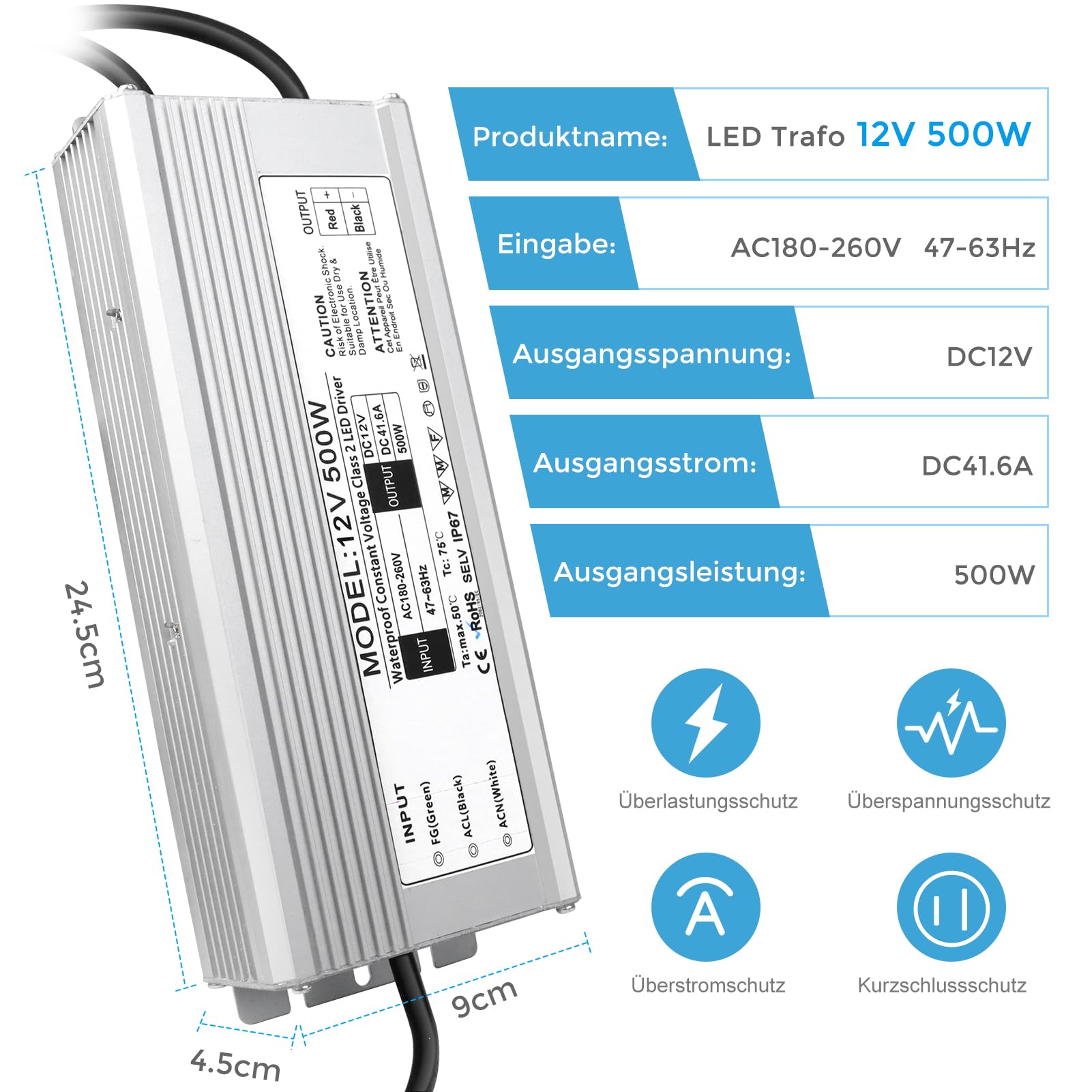LightingWill Transformador LED 24V 500W IP67 Impermeable para Exterior con Enchufe, Fuente de Alimentación para Tiras LED, Lámparas, Focos y Cintas de Luz