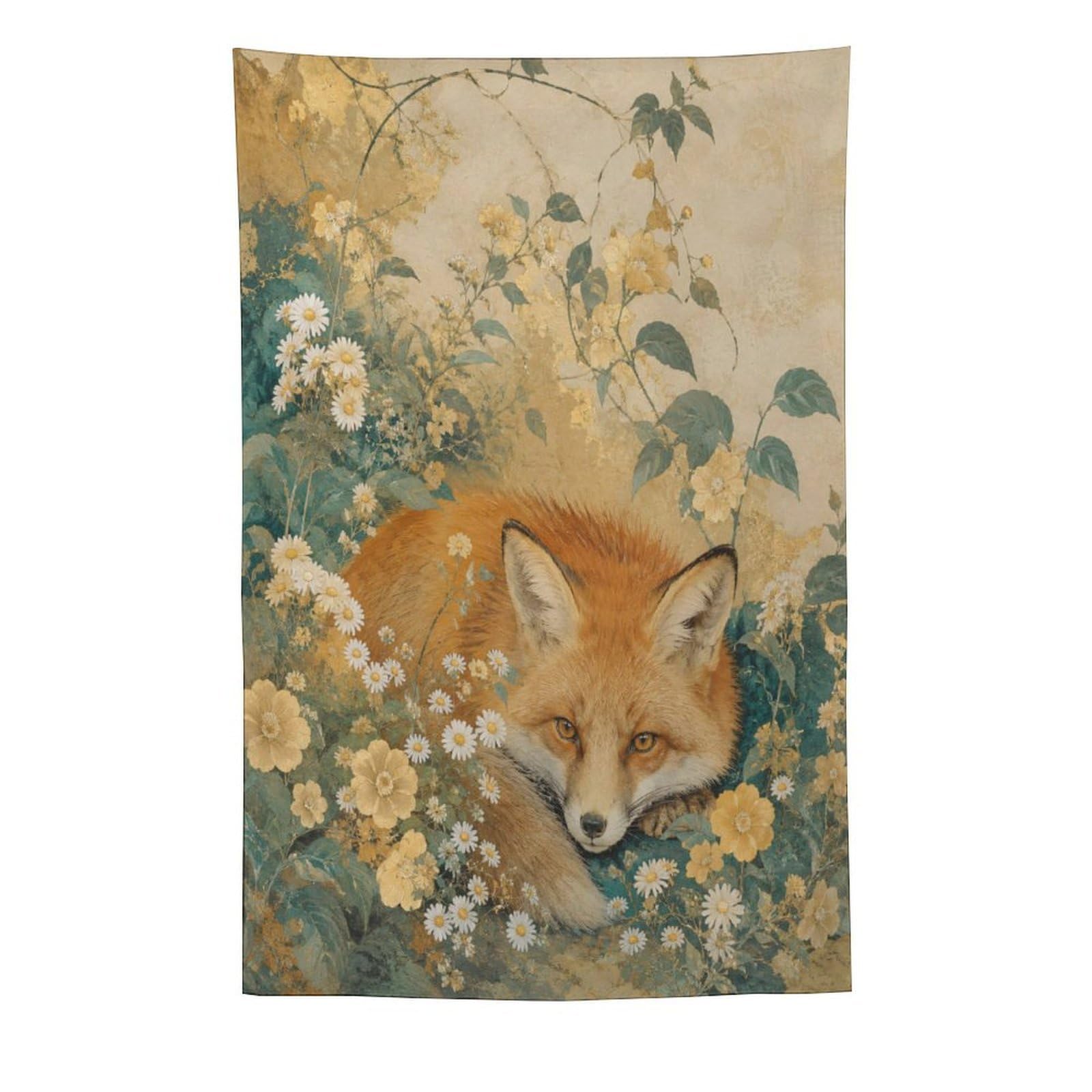 H3B8U2Y5 Fox Floral Meadow Wall Tapestry, Impressionist Style, Sofa Area