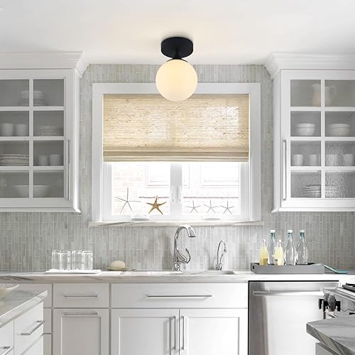 Miniatura 3 de KCO Iluminación de mediados de siglo - Lámpara de techo semiempotrada moderna con globo blanco, lámpara de techo empotrada, lámpara de techo negra