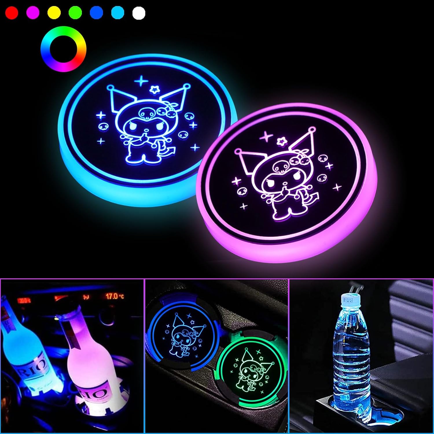 2pcs Kuromi LED Cup Holder Lights,7 Color 4 Light Effects