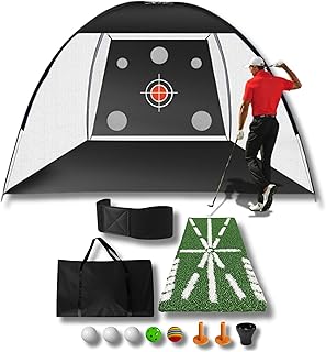 Red de golf de 10 x 7 pies: red de práctica todo en uno para interiores y exteriores con múltiples objetivos, base resistente, camiseta, pelotas y bolsa para entrenamiento de conducción, astillado y