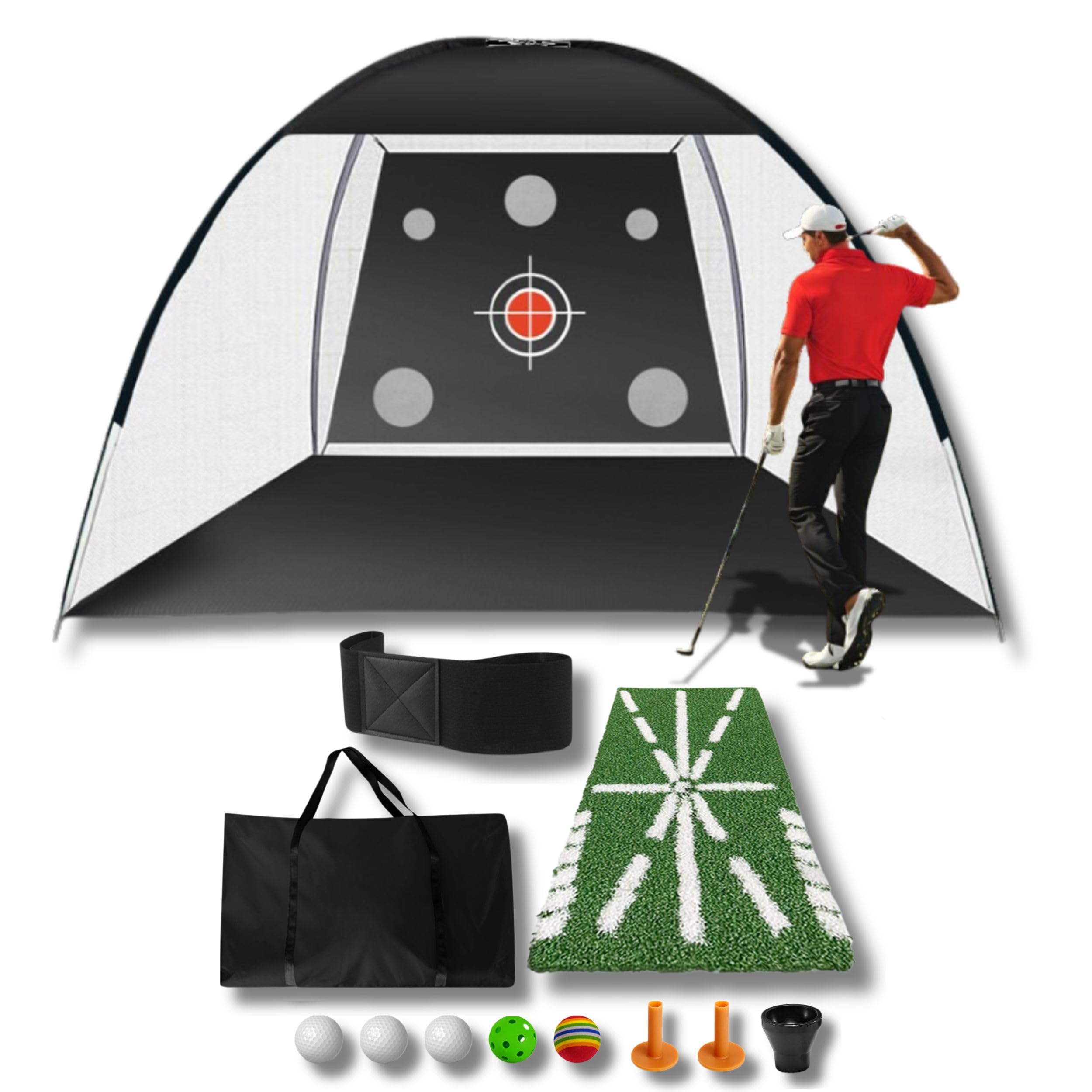 Golf Net 10x7ft – All-in-One Indoor/Outdoor Practice net with Multiple Targets, Heavy-Duty Base, tee, Balls & Bag for Driving, Chipping & Swing Training for Golf Lovers & dads.