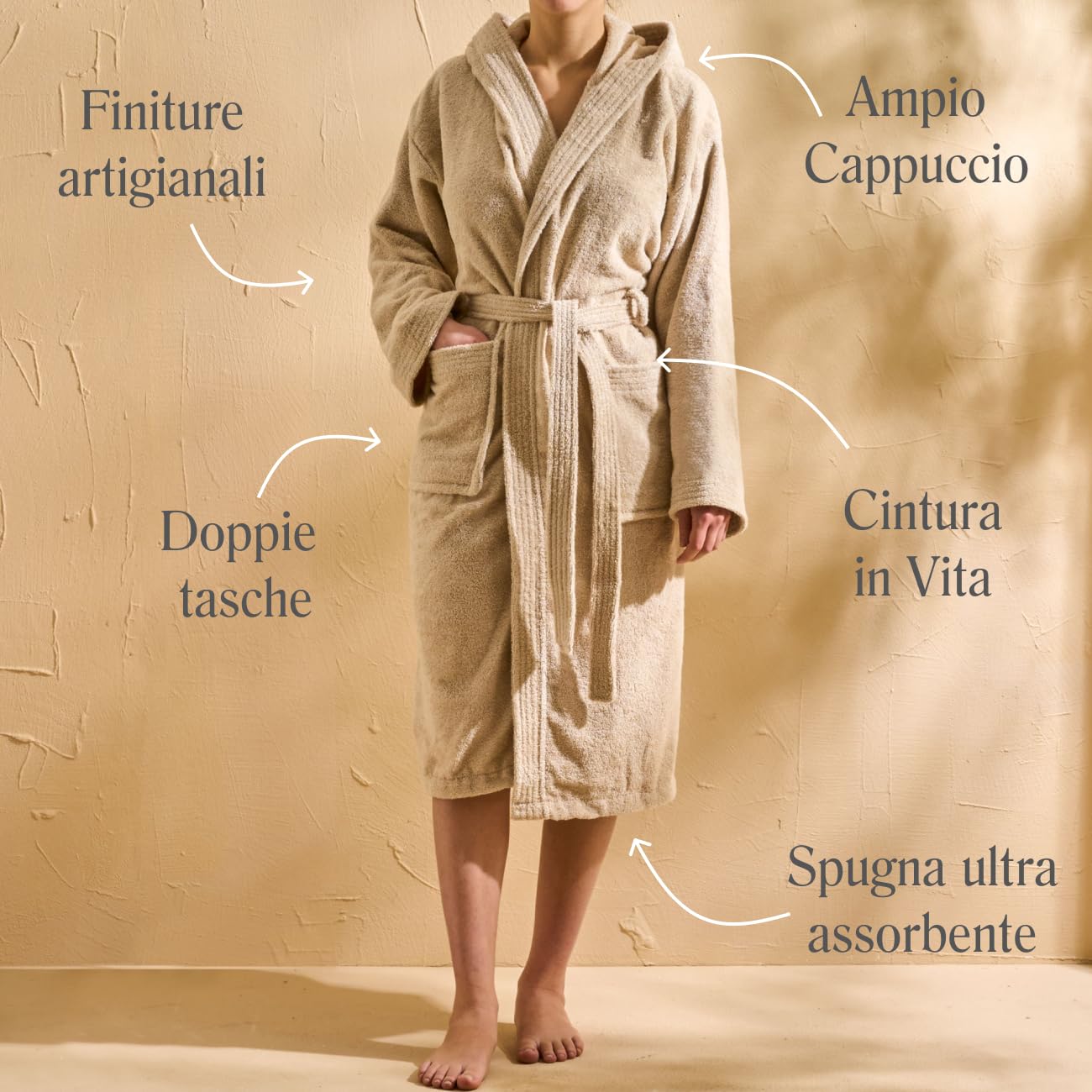Accappatoio con Cappuccio, Accappatoio Uomo e Donna, per Sauna e SPA, in Spugna di Cotone, 420 gr/mq, per Sauna e SPA, Morbido, Assorbente, Resistente. Modello: Minerva