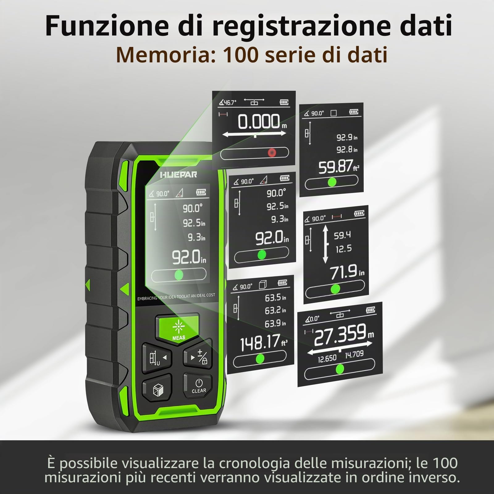 Distanziometro Laser Bilaterale, Huepar 120M con Laser, LCD retroilluminato, misurazione di distanza, superficie e volume e modalità pitagorica SW-210GT