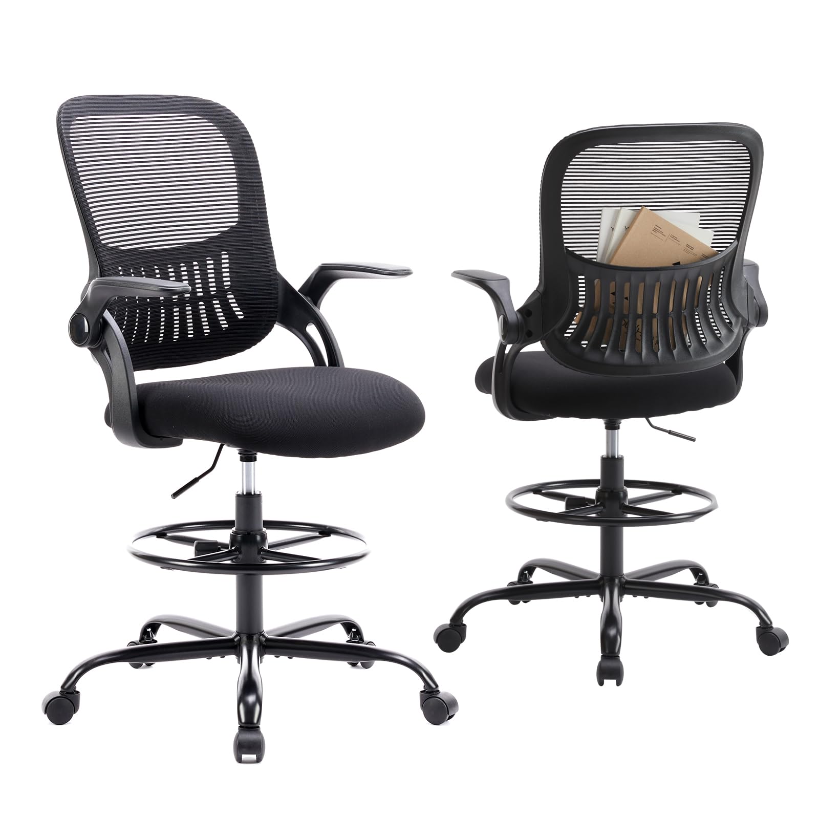 SMUG Drafting Chair for Standing Desk, Counter Height Adjustable, Flip-up Arms, Ergonomic Mid Back Mesh Rolling Work Swivel Office Computer Chairs with Wheels, Black