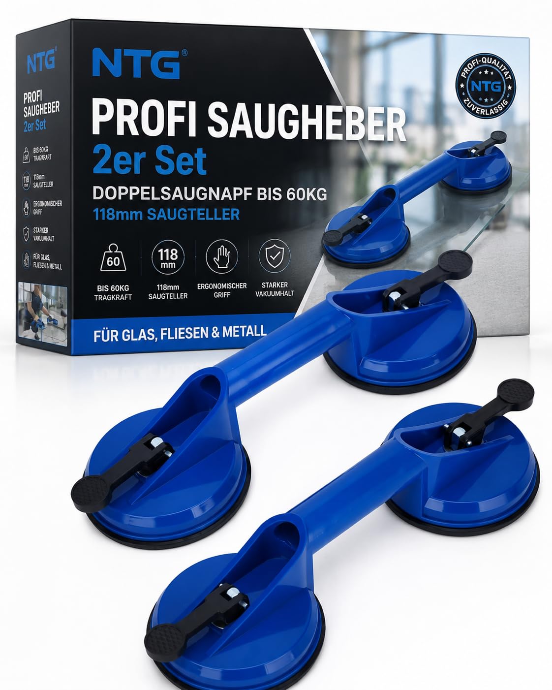 Ntg Blue Professional Suction Lifter Set Of 2 - Double Suction Cup Up To 60 Kg - Glass Lifter & Tile Lifter With 118 Mm Suction Plate - Vacuum Lifter For Glass, Tiles & Metal - Ergonomic Disc Lifter