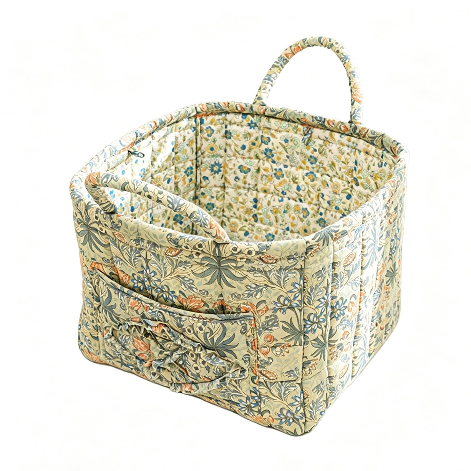 Quilted Floral Fabric Storage Basket with Front Pocket & Reinforced Handles, 23L Large Capacity Foldable Decorative Organizer Bin for Bedroom Closet Clothes Sundries(15)