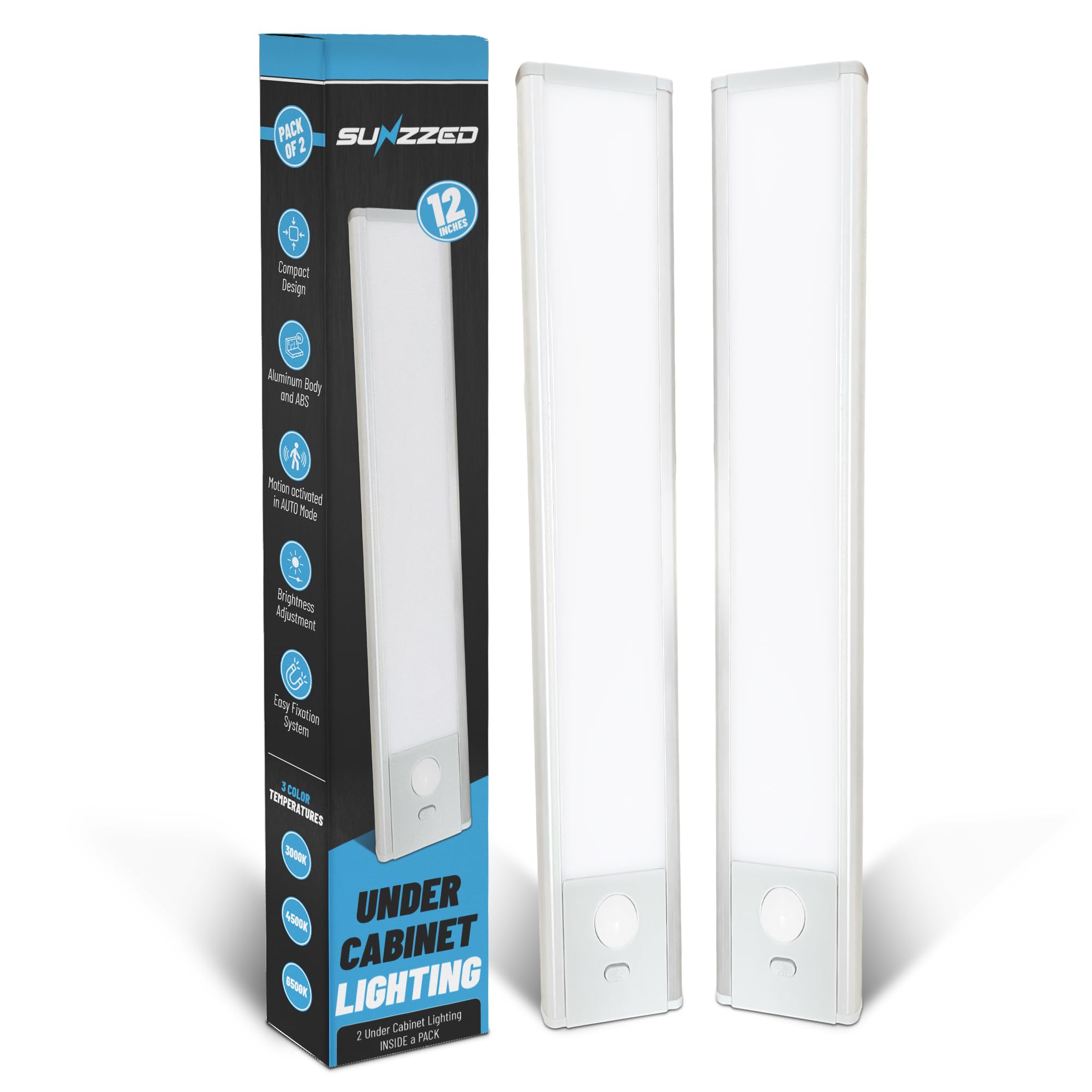SUNZZED Under Cabinet Lights, Pack of 2, 12 inches, 72 Side Emission LEDs, Rechargeable Battery, Under Cabinet Lighting, Motion Sensor Light, LED