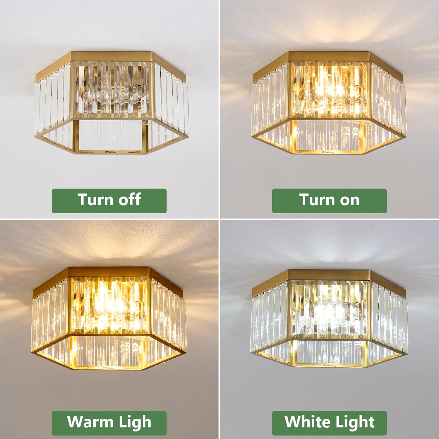 SGLfarmty Crystal Gold Flush Mount Ceiling Light, 3 Lights Luxury Light Fixture Ceiling Mount, 13.7'' Brass Ceiling Light with Hexagon Crystal, Modern Chandeliers for Dining Room Bedroom Entryway