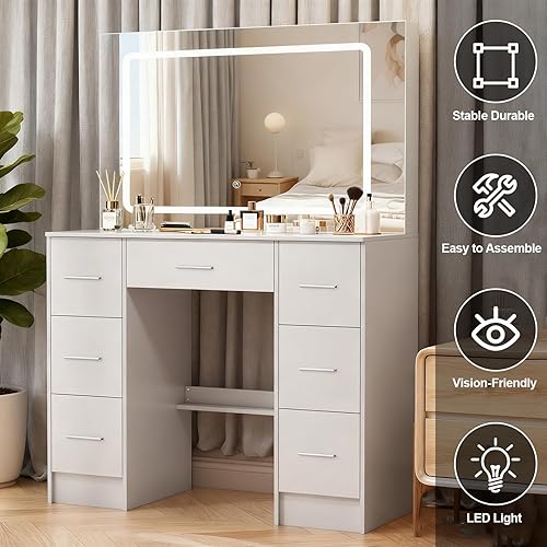 Miniatura 15 de Escritorio pequeño de tocador con espejo y luces, tocador de maquillaje con 6 cajones, 6 estantes y espejo LED deslizante, 3 modos de luz ajustable,