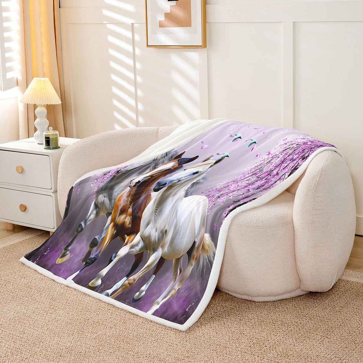 Feelyou Boys Horse Sherpa Blanket Cherry Blossom Branches Kids Women Lavender Purple Fleece Throw Blanket Girls Teens Galloping Horse Fuzzy Blanket for Sofa Bed Couch Animal Decor,Throw 50x60 Inches - Image 2