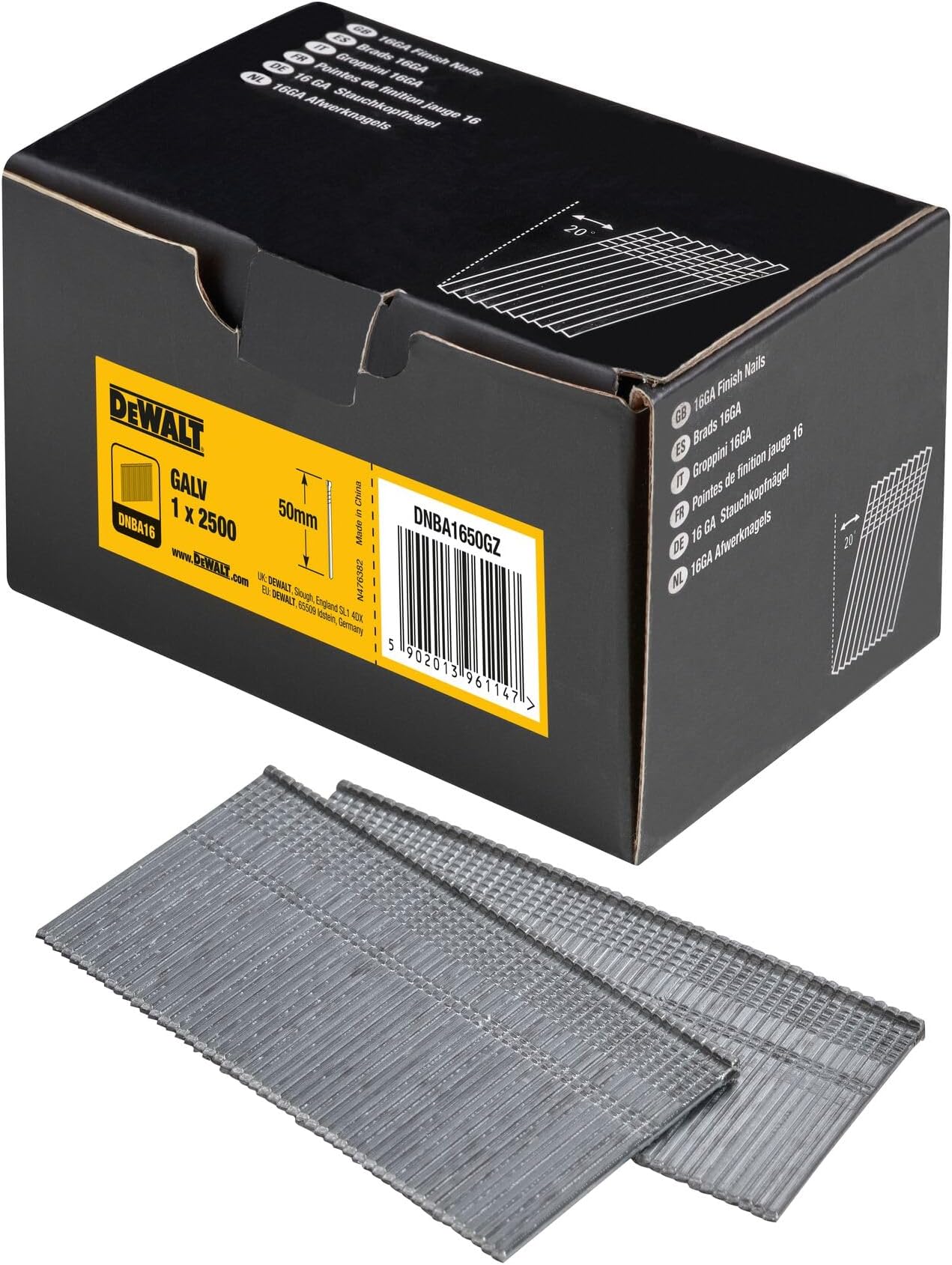 DEWALT dnba1650gz – Box of 2500 50 mm Nails for Nailer Without Cable 18 V, Multi, DNBA1650GZ-50mm