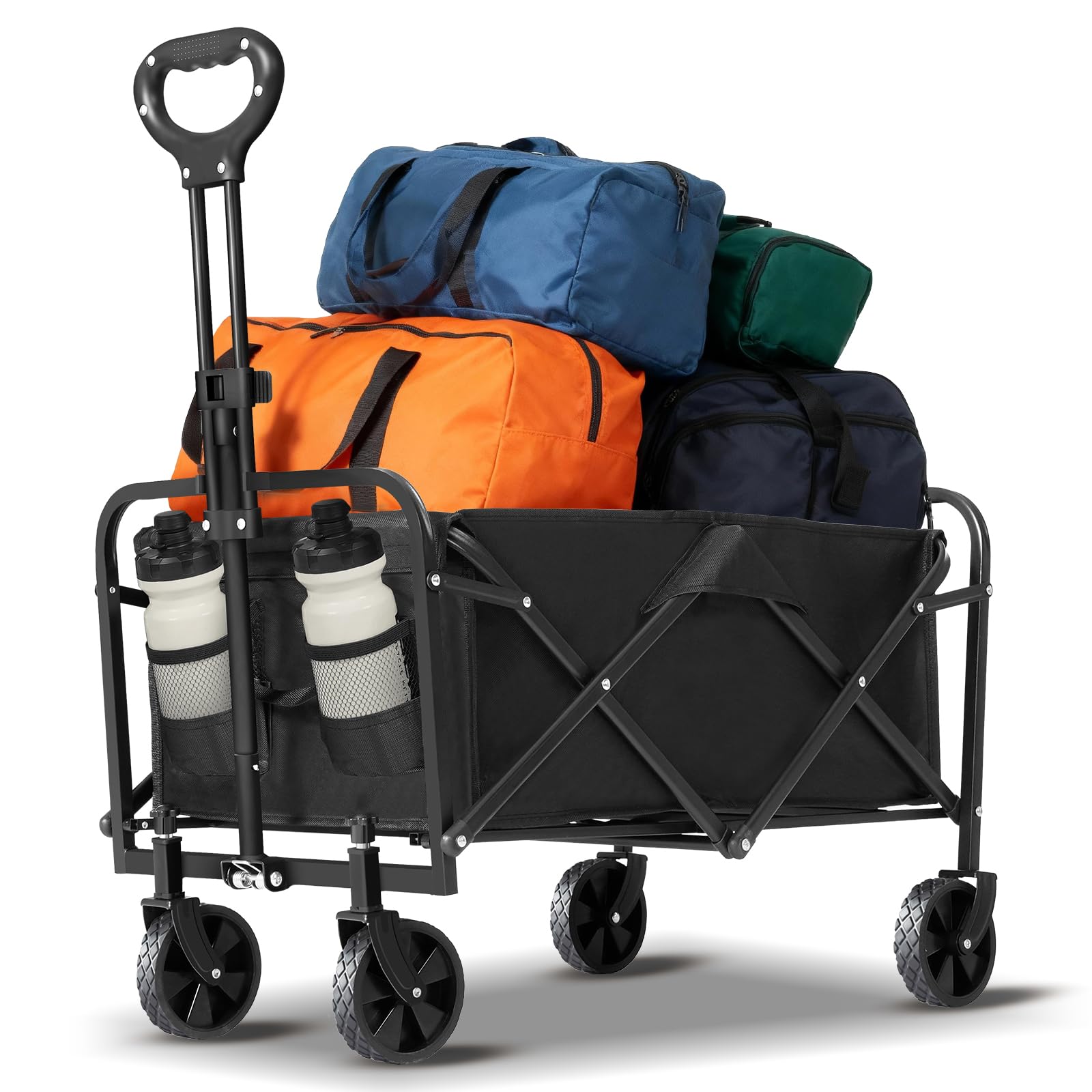 Beach Cart Large Capacity, Heavy Duty Folding Wagon Portable, Collapsible Wagon for Sports, Shopping, Camping Collapsible Foldable cart (Black, 1 Year Warrant) (Matte Black)