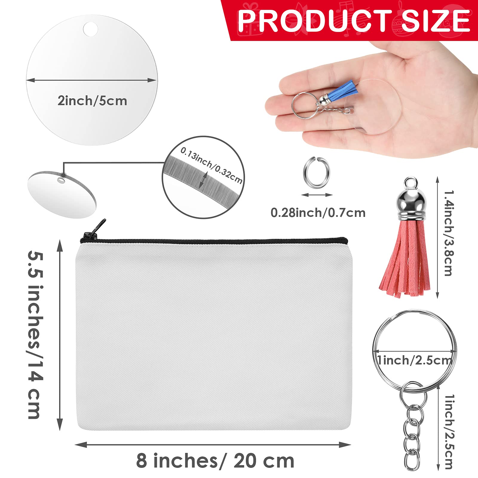 10 Pieces Sublimation Blanks Pouch Multipurpose Cosmetic Bags DIY Heat Transfer Makeup Bags Iron on Transfer Zipper Canvas Pen Case with 40 Pieces Acrylic Keychain Blanks Tassels Set for Women