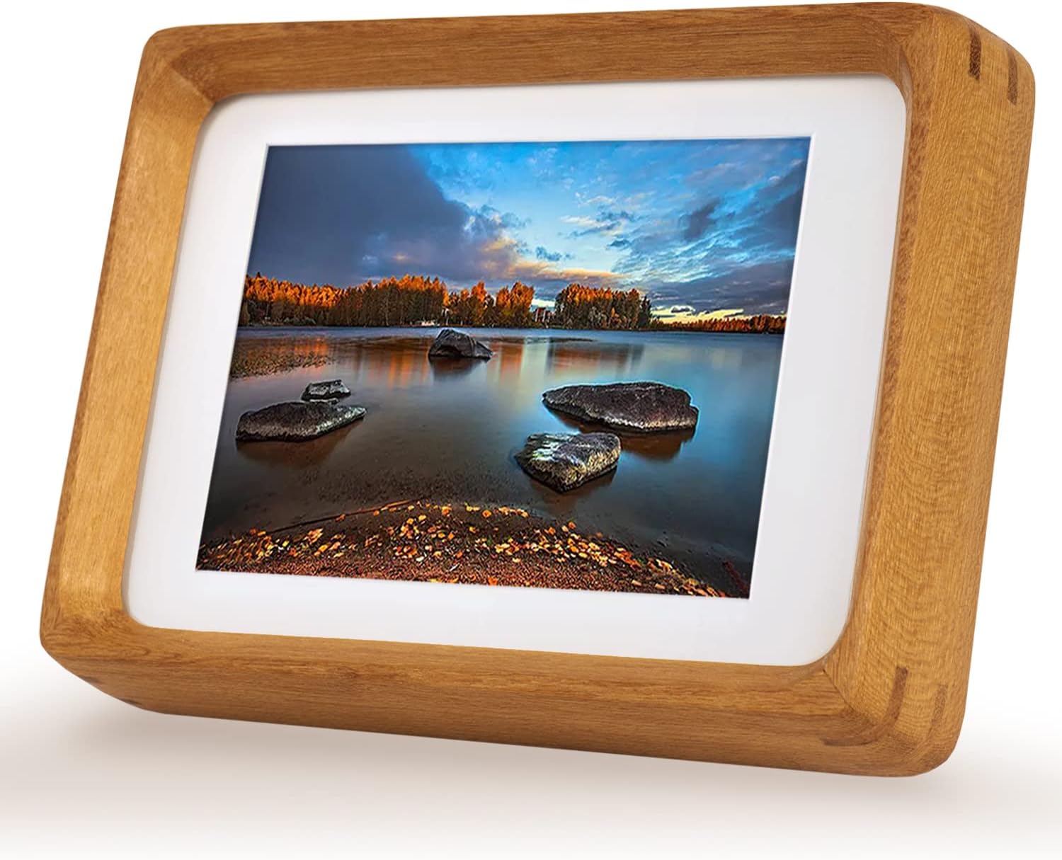 MeowWoof 8x10 Solid Teak Wood Picture Frame with Real Glass & White Mat for 6x8 or 5x7 Photos - Rustic Rounded Corner Photo Frame with Stand, Horizontal/Vertical Tabletop or Wall Hanging Decor