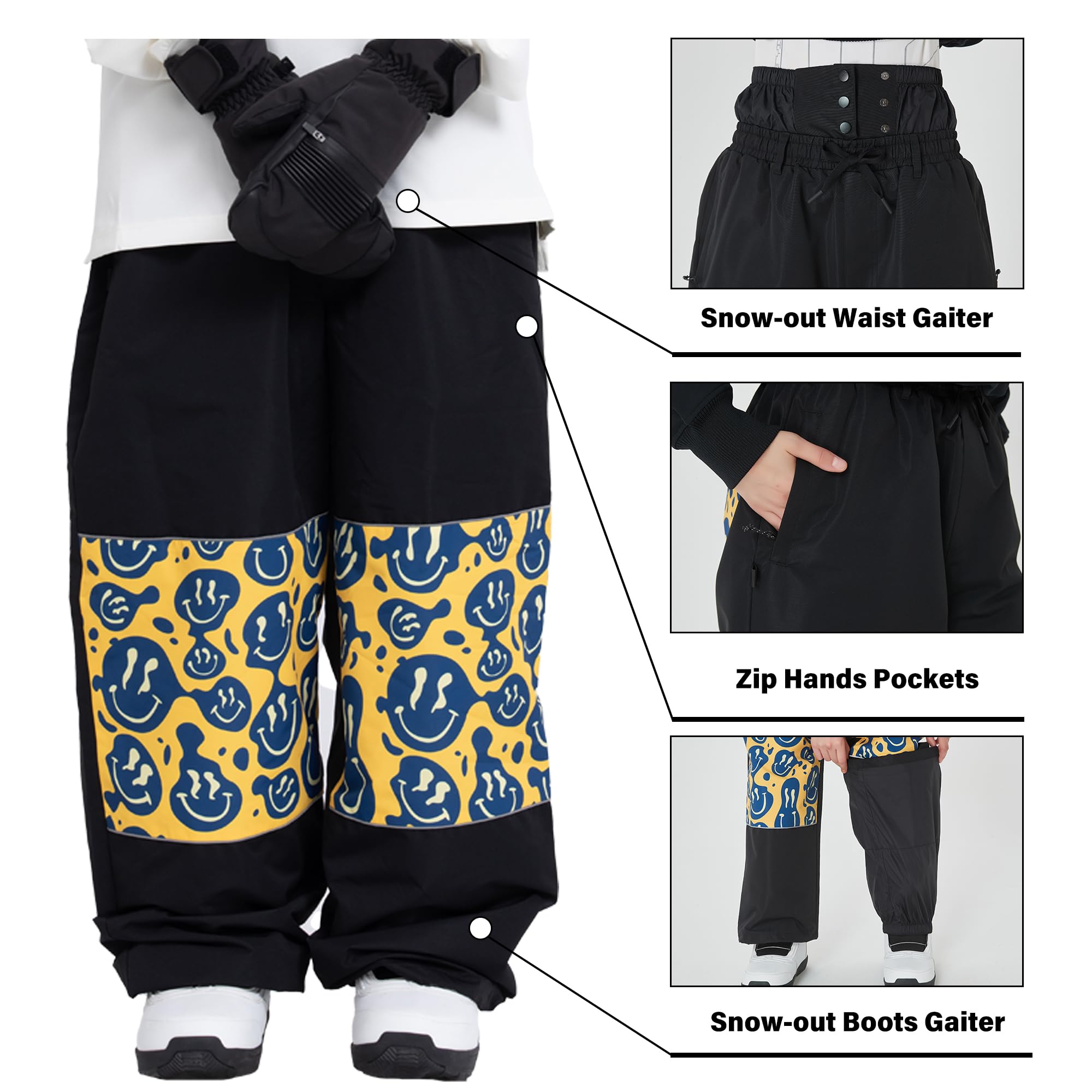 SNOWVERB Skihose für Damen und Herren, Baggy, Cargohose, Knie, reflektierende Grafik, lässige Schneehose, wasserdicht, lockere Passform, Snowboardhose