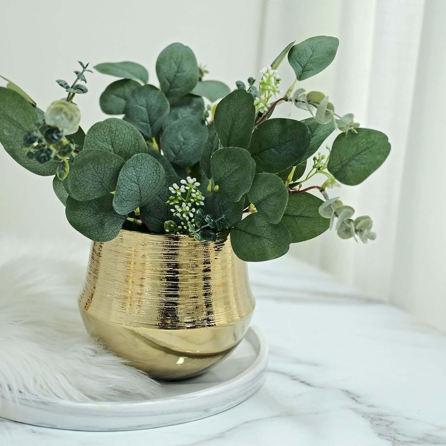 Efavormart 2-Pack 6" Gold Ceramic Planter Pots, Elegant Bell-Shaped Textured Flower Vase – Modern Metallic Brushed Decorative Pot for Centerpieces & Home Decor