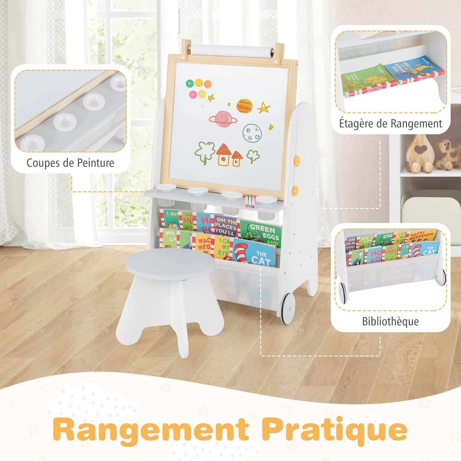 COSTWAY 4 en 1 Tableau Enfant avec Tableau Noir & Magnétique Réglable