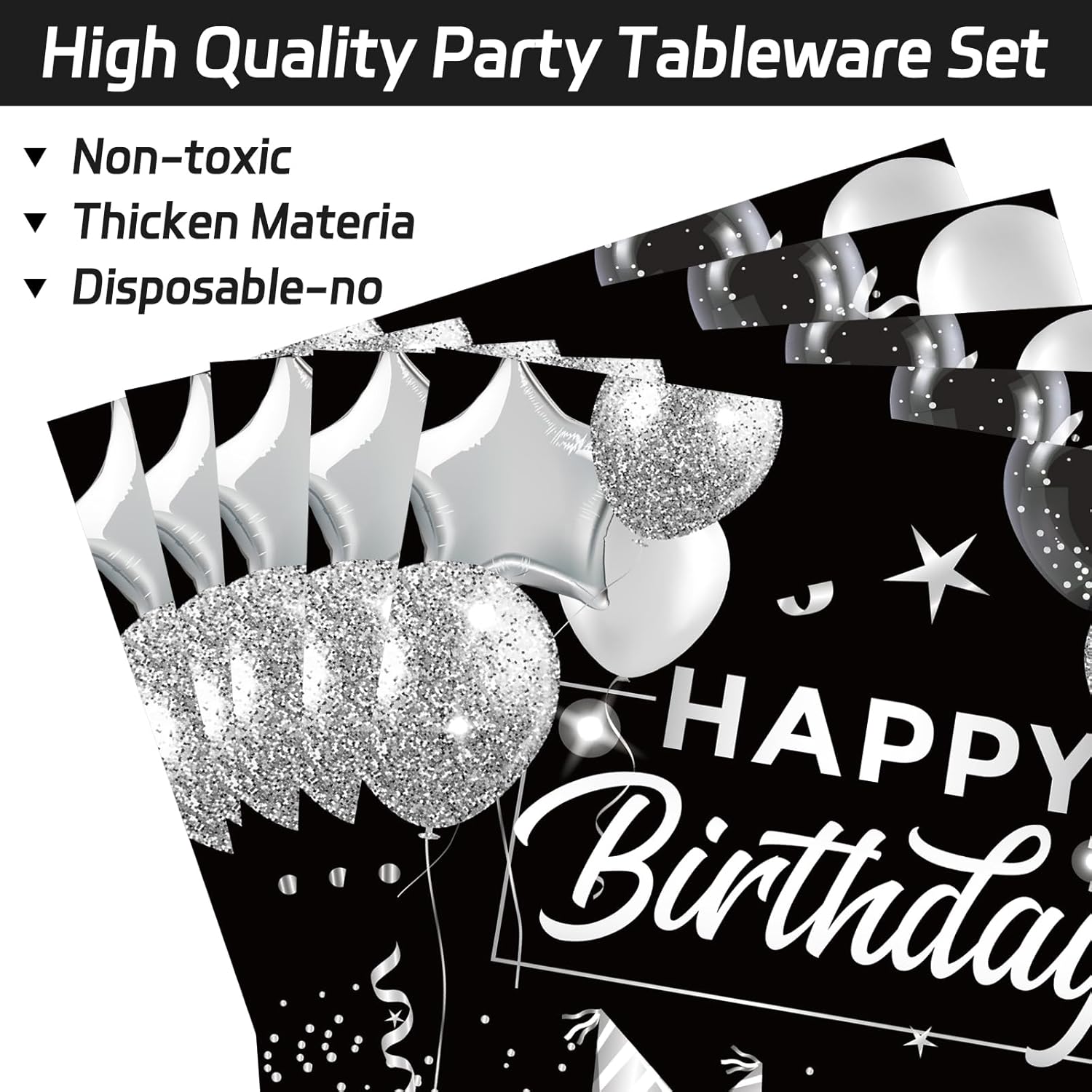 Gisgfim 200PCS Black and White Silver Happy Birthday Party Decorations Set - Tableware, Confetti Sprinkles, Plates, Napkins, Forks, Table Decors for Men Women, 50 Guests