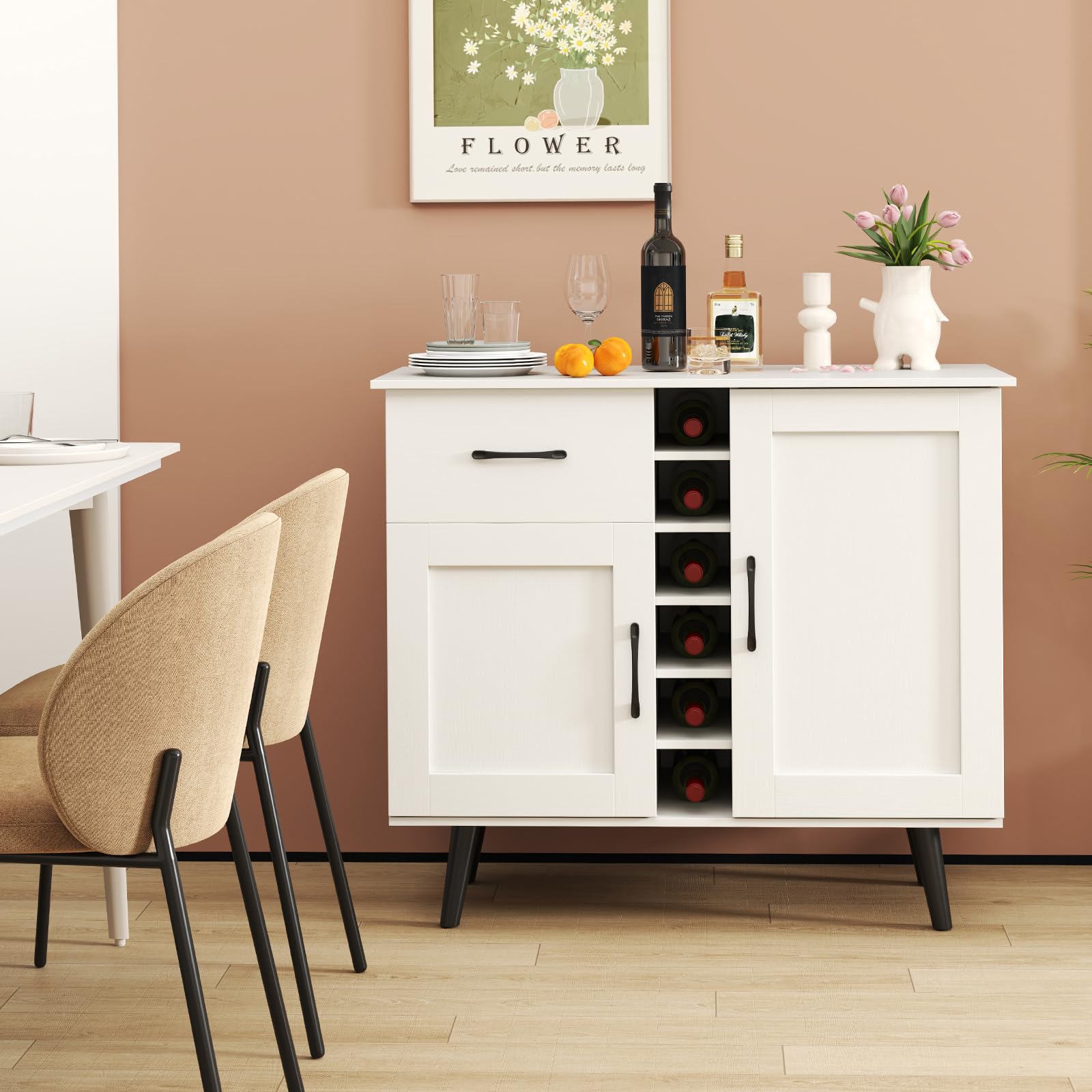 COSTWAY Credenza Buffett da Cucina con 6 Cubi Porta Bottiglie di Vino, Mobile da Cucina con Cassetto, 2 Ante e 2 Ripiani Regolabili, Armadio in Legno Salvaspazio per Soggiorno, 90 x 40 x 79 cm, Bianco