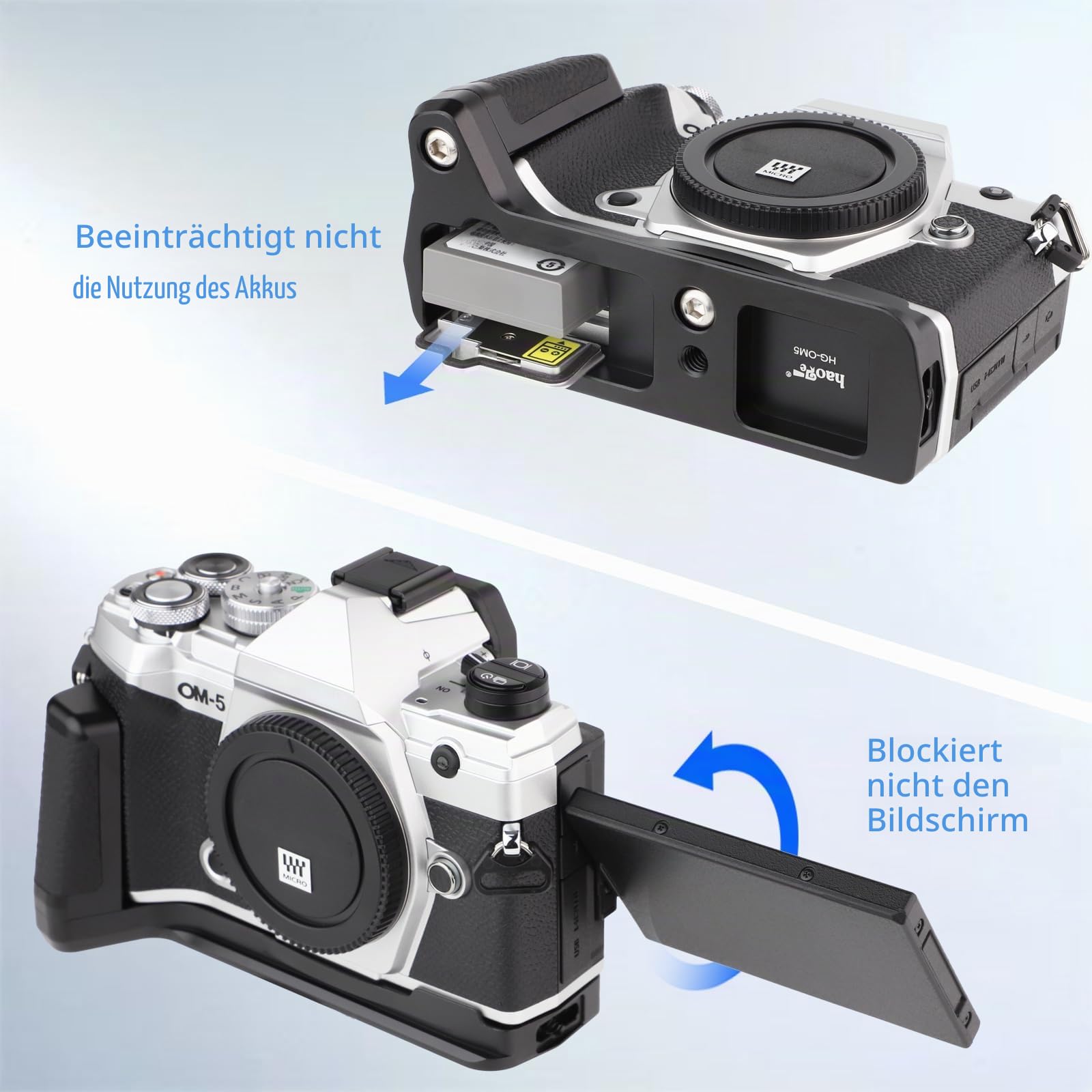 Haoge HG-OM5 Kamera-Halterung, Handgriff für OM System OM-5, integrierte Arca Swiss Standard-Schnellwechselplatte