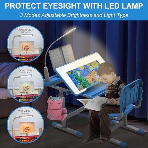 Miniatura 10 de BELANITAS Juego de escritorio y silla para niños de 5 a 8 años, escritorio de escritorio inclinable de 40 grados para niños, escritorio de altura