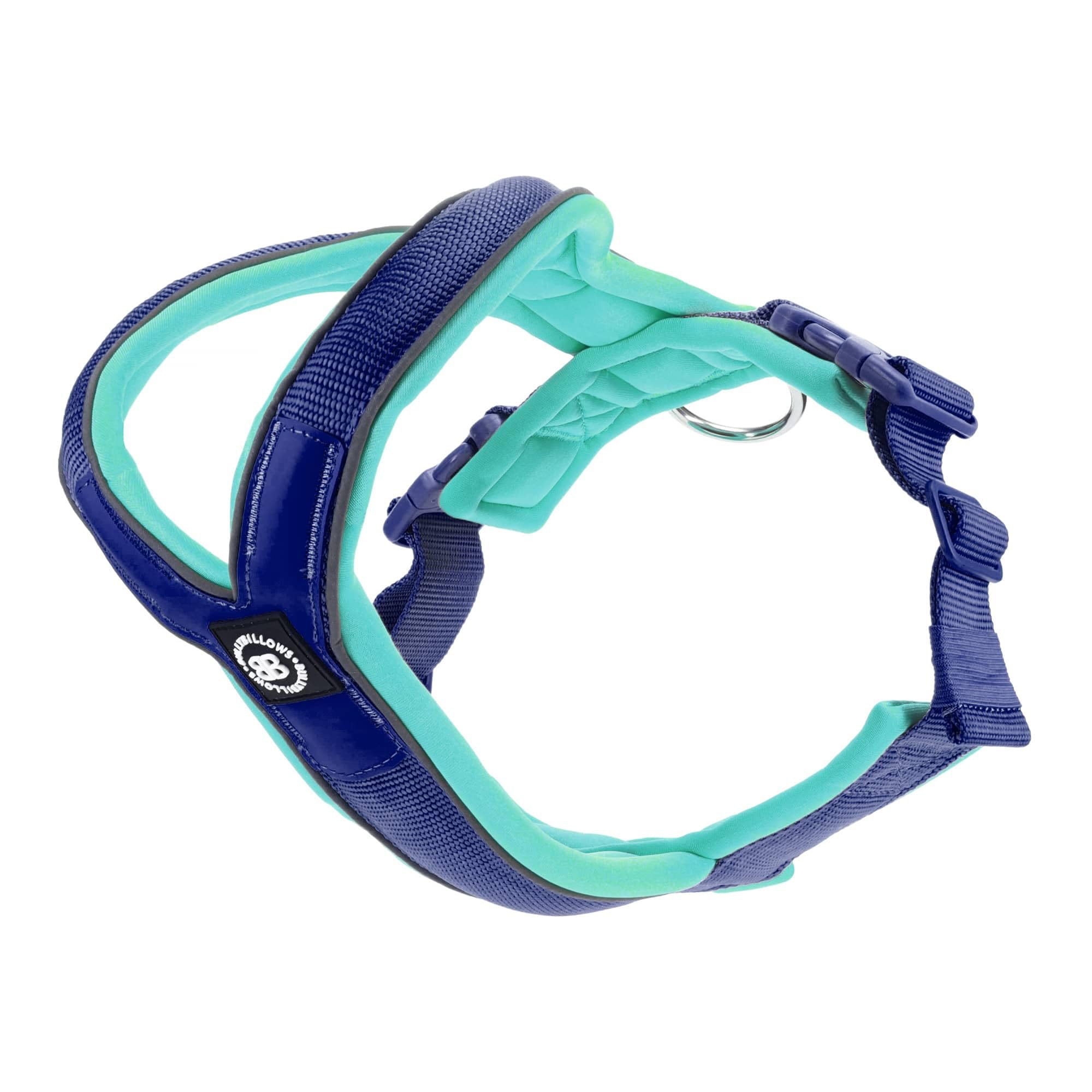 BullyBillows Slip-On Dog Harness - Foam Padded, Neoprene-Lined, Adjustable, Non-Restrictive Y-Shape with Reflective Strips & Stainless Steel D-Loop |Blue-Turquoise | X Small