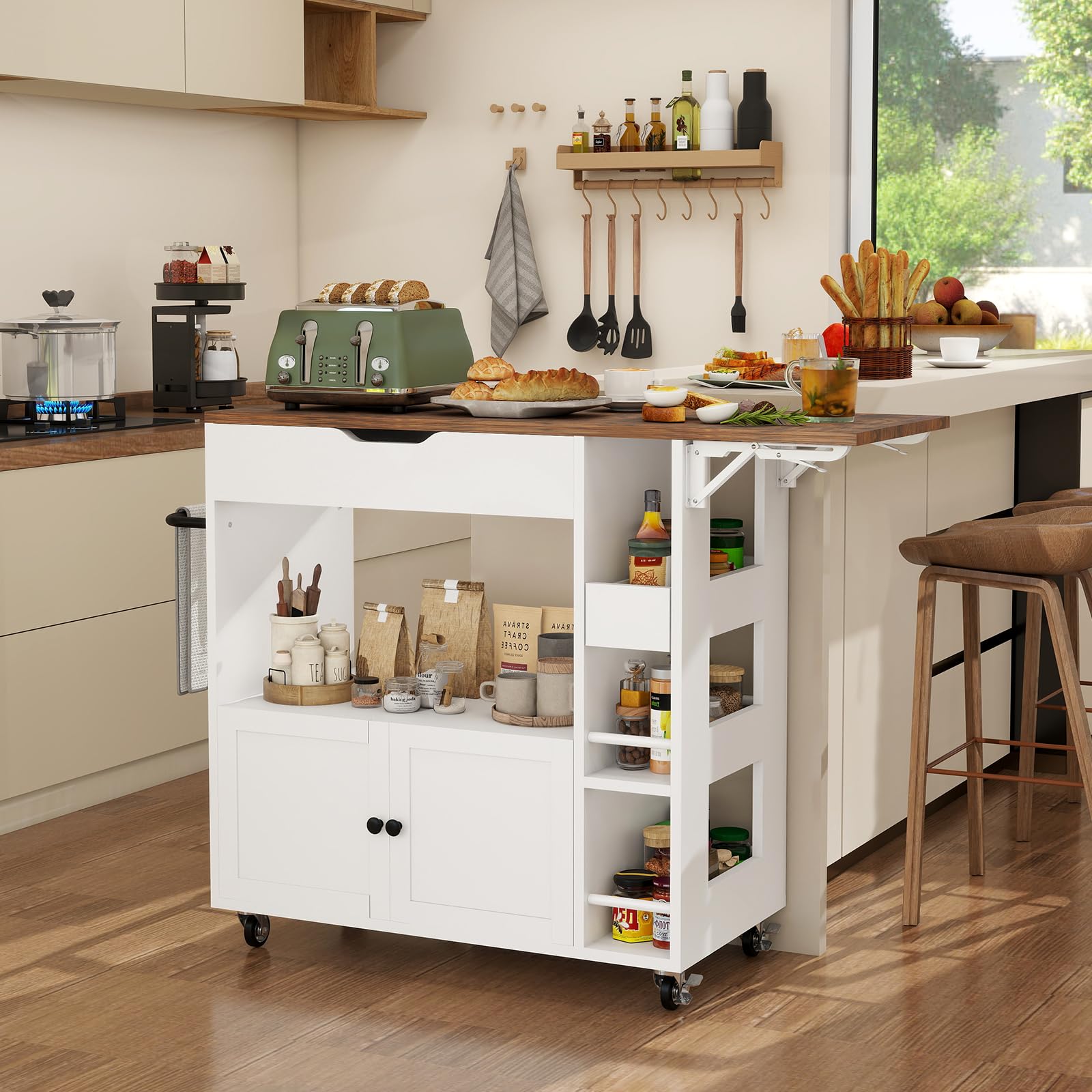 YU YUSING Isola Cucina con Piano Ribaltabile, Carrello da Cucina Salvaspazio con 4 Ruote, Mobile Cucina con 4 Ripiani, Mobile Microonde, Credenza Cucina, Manico in Ferro, Cassetto, 104x40x89cm, Bianco