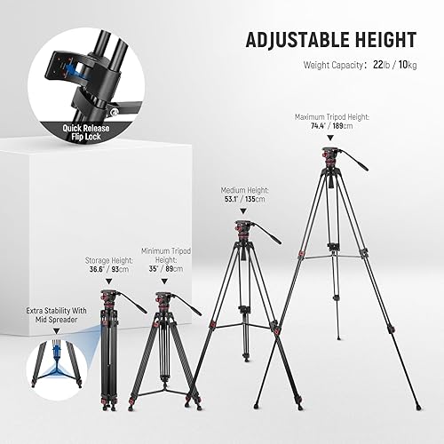 Miniatura 5 de NEEWER 74" Video Tripod with Adjustable Damping Fluid Head, Metal Heavy Duty Dual-Mode QR Plate Compatible with DJI RS Gimbals, Flexible 360°
