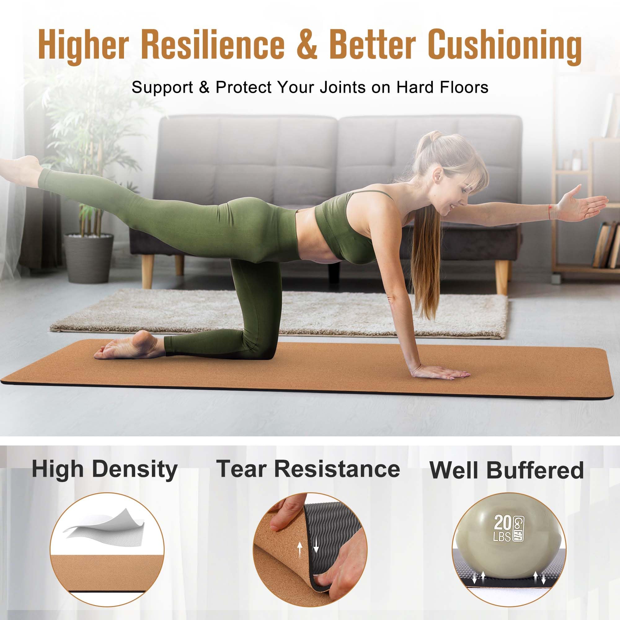 Tappetino da yoga in sughero di alta qualità, 1/4 x 182,9 x 66 cm, in sughero e TPE antiscivolo, per donne e uomini, a prova di sudore, ecologico, ideale per hot yoga e allenamento